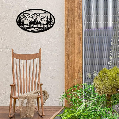 Rustic Metal Deer Cabin Sign, Christmas Gift for Living Room,Welcome Sign, Deer Outdoor Metal Wall Art, Great Gift for Hunters, Cabin Deco