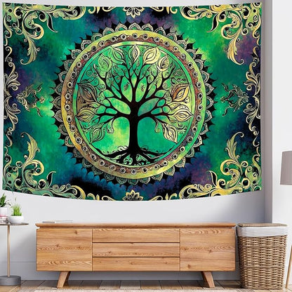 Delur Tree of Life Tapestry Green Nature Bohemian Mandala Spiritual Tapestry Wall Hanging Mystical Landscape Hippie Psychedelic Headboard for Bedroom Living Room Home Decor (51.2" x 59.1")