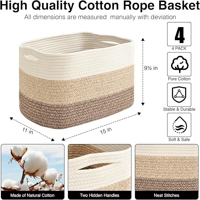 Storage Baskets for Organizing & Shelves, Woven Cotton Rope Organization Bins for Dog Toys, Clothes, Books, Nursery Organizer, 15"Lx11"Wx9.5"H, (4 Packs) Gradient Brown