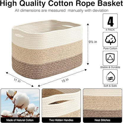 Storage Baskets for Organizing & Shelves, Woven Cotton Rope Organization Bins for Dog Toys, Clothes, Books, Nursery Organizer, 15"Lx11"Wx9.5"H, (4 Packs) Gradient Brown