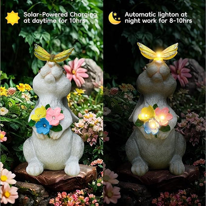Solar Bunny Statues Light with Butterfly LED - Auto On/Off Weathproof Resin Garden Figurine Decor Gift for Pathway, Patio & Mom's Flower Bed (Warm Light)