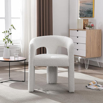 White Boucle Dining Chairs Set of 4, Modern Barrel Dining Room Chairs Upholstered Faux Fur Accent Chair with Arms and Round Back for Living Room Kitchen Armchair No Assembly Needed