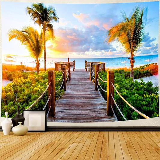 Delur Beach Sunset Tapestry Tropical Seaside Palm Tree Coastal Tapestry Wall Hanging Sunrise Nature Landscape Scenic Psychedelic Headboard for Bedroom Living Room Home Decor (70.8" x 92.5")