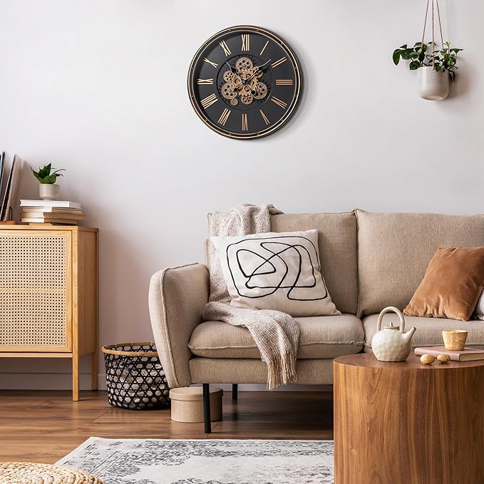 Maxstar Large Moving Gear Wall Clock,20" Vintage Mechanical Battery Operated Industrial Wall Clocks for Farmhouse Living Room,Home Office, Dinning Room, Kitchen, Steampunk Decor-Gold,Roman Numeral