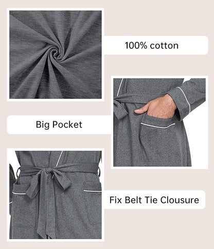 COLORFULLEAF Mens 100% Cotton Robes Lightweight Summer Long Bathrobe Sleepwear Soft Knit Spa Robe with Pockets