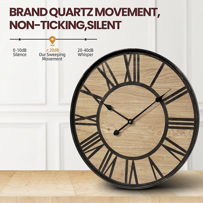 Large Wall Clock for Living Room Decor, Non Ticking Silent, Battery Operated Modern Vintage Wood Oversized Decorative Wall Clock for Bedroom Kitchen Farmhouse Office Decor