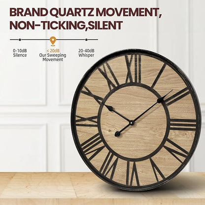 Large Wall Clock for Living Room Decor, Non Ticking Silent, Battery Operated Modern Vintage Wood Wall Clock Oversized Decorative Wall Clock for Bedroom Kitchen Farmhouse Office Decor