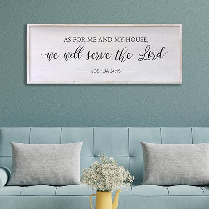 As for Me and My House We Will Serve the Lord Wall Decor - 32" x 12" Large Rustic Family Living Room Wood Framed Home Sign Joshua 24 15 Christian Bible Verse Plaque Hanging Wall Art(White)