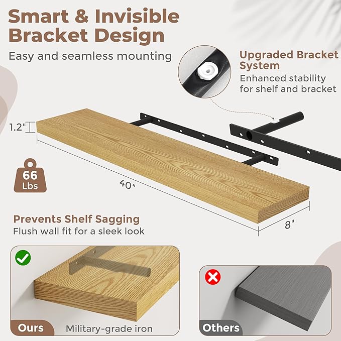 40 Inch Floating Shelves for Wall Set of 2, 8"D Wood Grain Bathroom Shelves with Invisible Brackets, Easy Install Engineered Wood Storage Shelves for Kitchen, Living Room, Bedroom, Oak Finish