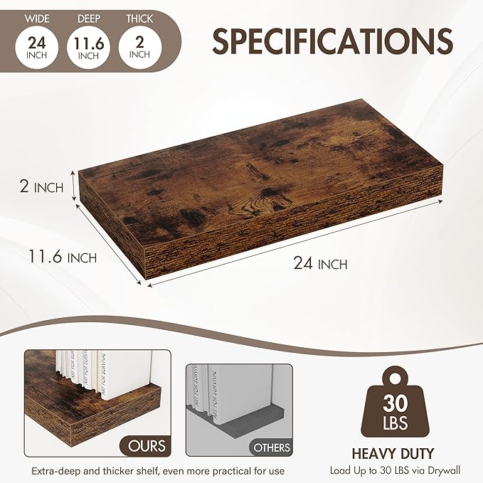24 Inch Floating Shelves, 12" Deep Floating Shelf Wall Mounted, 24" Wall Shelves, Rustic Deep Bookshelf, Extra Deeper & Thicker Display Shelves for Bedroom, Living Room, Brown, Set of 2