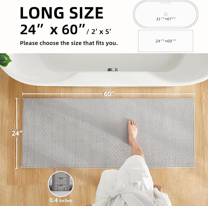 Bathroom Runner Rug, Long Bath Mat Washable Thin Quick Dry Low Pile Bathroom Runner Rugs 24 x 60 Non Slip, Light Grey 24"x60"