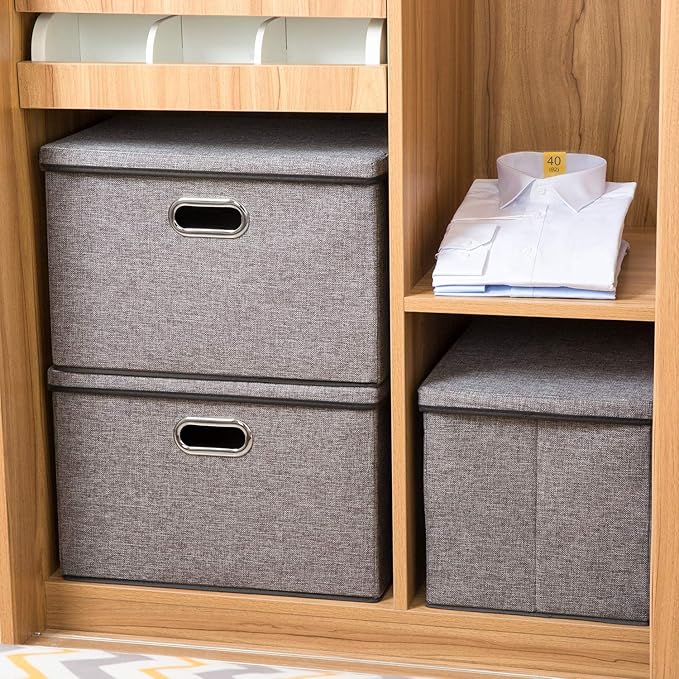 PRANDOM Large Collapsible Storage Containers with Lids [5-Pack] Linen Fabric Foldable Storage Bins Boxes Organizer Baskets Cube with Cover for Home Bedroom Closet Office Nursery (17.7x11.8x11.8)