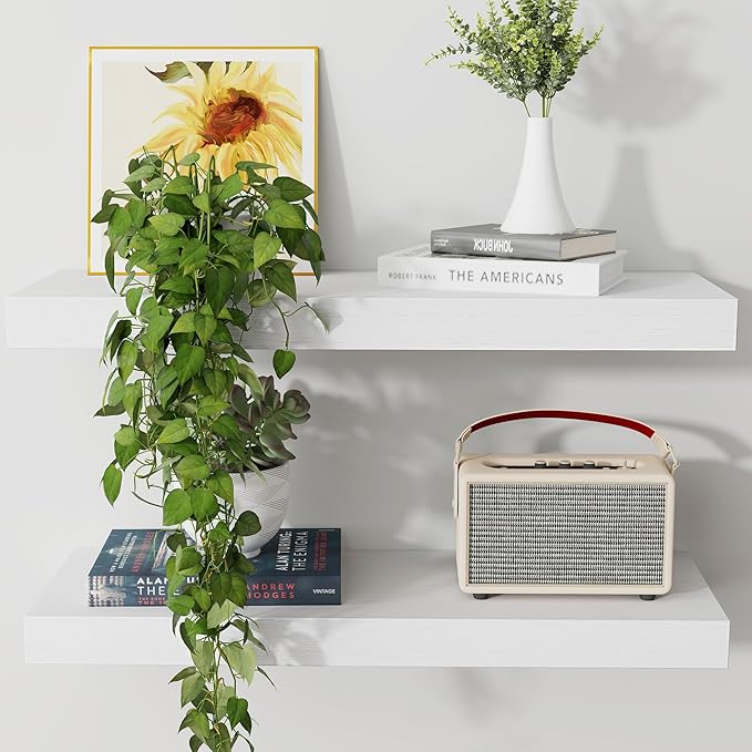 Axeman Floating Shelves, 2 Pack 8 Inch Deep Rustic Solid Wood Wall Shelves for Storage, Wall Mounted Display Shelving with Invisible Heavy-Duty Metal Bracket, 24" W x 8" D x 1.6" H, Distressed White