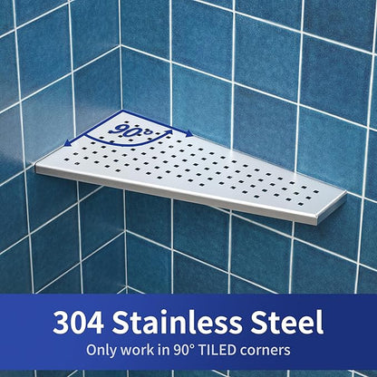 Corner Shower Shelf 2PCS, Trapezoid Shaped Bathroom Shelves 12'' for Tiled Wall, 304 Stainless Steel Grout in Shelf, No Drilling Needed (Silver)