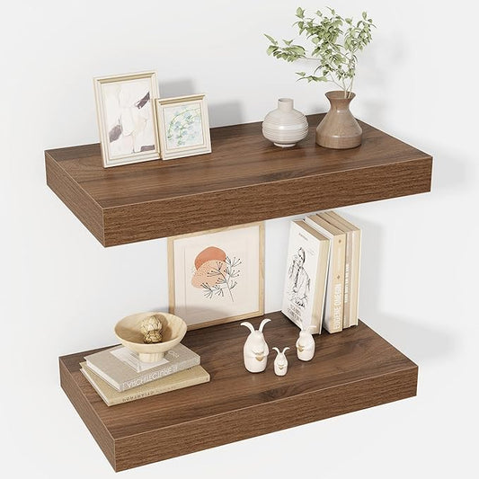 24 Inch Floating Shelves, 12" Deep Floating Shelf Wall Mounted, 24" Wall Shelves, Rustic Deep Bookshelf, Extra Deeper & Thicker Display Shelves for Bedroom, Living Room, Walnut, Set of 2