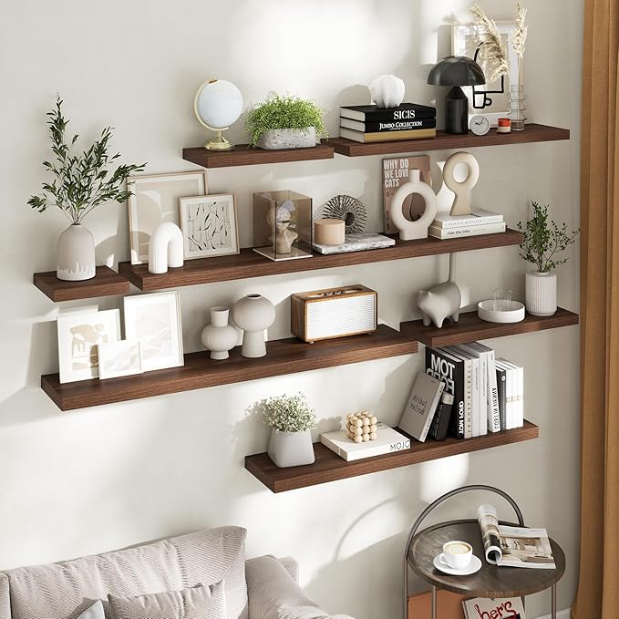 24 Inch Floating Shelves for Wall Set of 2, 8"D Wood Grain Bathroom Shelves with Invisible Brackets, Easy Install Engineered Wood Storage Shelves for Kitchen, Living Room, Bedroom, Walnut Finish