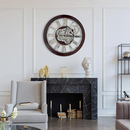HOIBAI Wall Clock, Clocks for Living Room Decor 20 Inch Big Moving Gears Clock Farmhouse Vintage Rustic Wall Clock Vintage Roman Oversized for Home Bedroom House Kitchen Wall Decor