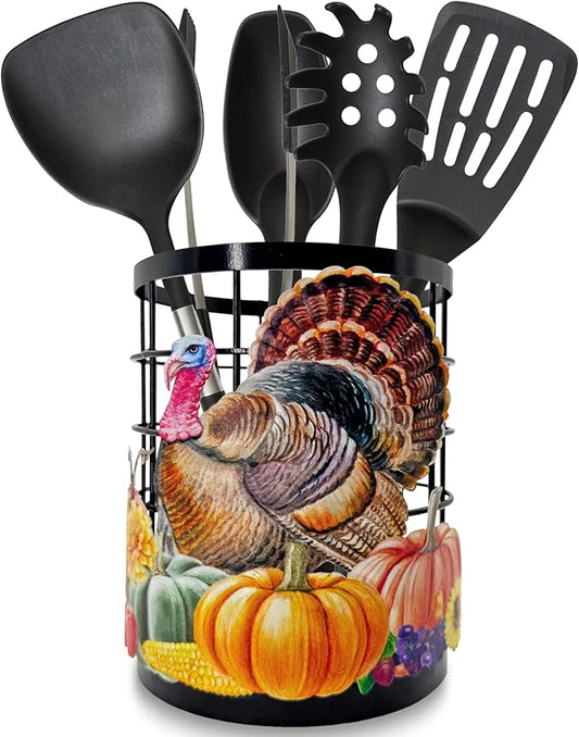 Thanksgiving Turkey Utensil Holder, Thanksgiving Turkey Pumpkin Kitchen Decor Utensil Organizer for Countertop, Fall Metal Cooking Tools Farmhouse Counter Decor, Kitchen Gifts Utensil Caddy Harvest