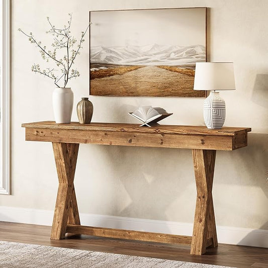 Solid Wood Console Table, 63-Inch Farmhouse Entryway Table with X-Shaped Legs, Real Wood Behind The Couch Table for Living Room, Entrance, Hallway, Easy Assembly