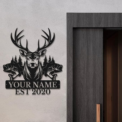 Personalized Custom Forest Deer and Fish Wall Decor, Metal Signs, Black Metal Wall Art, Custom Name Signs for Dad's Shed, Camping and Hunting Decor