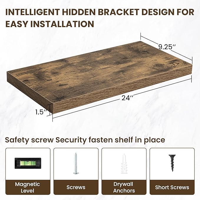 24 Inch Floating Shelves, 24"x9.25"x1.5" Inch Deep Floating Shelves for Wall, Wooden Shelves for Bathroom, Bedroom, Living Room, Brown, 2 Pieces