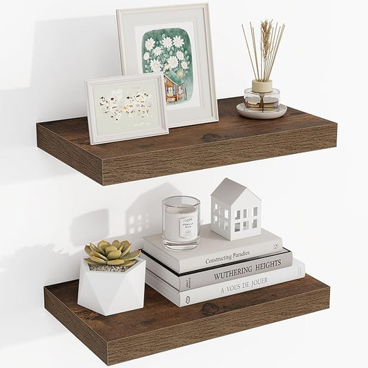 16 Inch Floating Shelves, 16"x9.25"x1.5" Inch Deep Floating Shelves for Wall, Wooden Shelves for Bathroom, Bedroom, Living Room, Brown, 2 Pieces