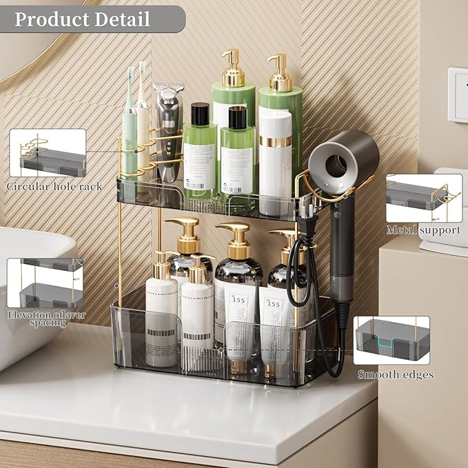 YCIA&DONE Bathroom Counter Organizer, Large Makeup Organizer Countertop, Shelf Storage, Vanity Tray, Easily Assemble for Bathroom Organizers and Storage, Undersink, Cabinet, 2 Tiers Grey