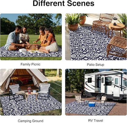 OLANLY Outdoor Rug Waterproof 8x10 ft Clearance, Reversible Outdoor Plastic Straw Rug with Floral Pattern, RV Mat for Patio, Camping, Balcony, Deck, Backyard, Navy & White