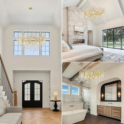 14-Light Modern Large Crystal Chandelier for Dining Room, 48" Round Gold Crystal Tree Branche Chandelier, Living Room Crystal Chandelier, Crystal Chandeliers for High Ceiling,Entryway,Foyer