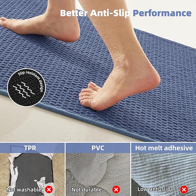 Bathroom Rugs Non Slip Washable, Super Absorbent Thin Bath Mat Quick Dry Low Pile Bathroom Rug, Denim Blue 24"x47"