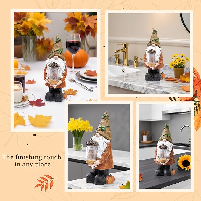 Topadorn Fall Garden Gnome Statue Light, Autumn Harvest Gnome Figurine with Pine Cone on Hand for Fall Harvest Party Thanks, Autumn Thanksgving Gifts for Famliy