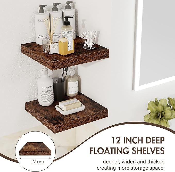 12 Inch Floating Shelves, 12" Deep Floating Shelf Wall Mounted, 12" Wall Shelves, Rustic Deep Bookshelf, Extra Deeper Display Shelves & Storage Shelves for Bedroom, Living Room, Set of 3