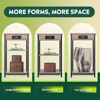 WLIVE End Table with Charging Station, Small Night Stand with 3 Storage Shelves, Side Tables for Small Spaces, Bedside Tables for Living Room, Bedroom, Grey