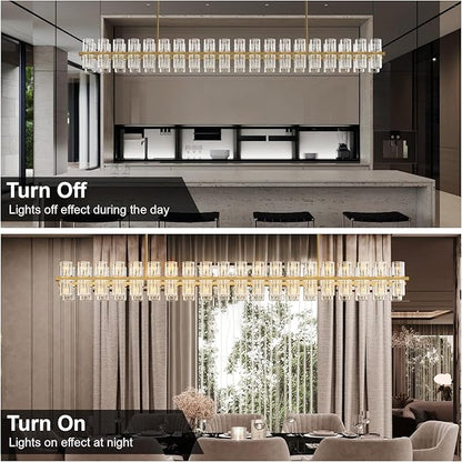 Crystal Brass Rectangular Chandelier Light Fixture,72 in Dining Room Chandeliers Over Table,Modern Chandelier For Living Room,Arcachon Chandeliers,Kitchen Island Chandelier,Includes 80xG4 Bulbs