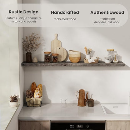 Solid Wood Floating Shelves, 8" Deep Rustic Reclaimed Barnwood Wall Hanging Floating Shelf with Invisible Heavy-Duty Metal Bracket | Wall Mounted | Farmhouse Style | 55 inches,1PC,Grey