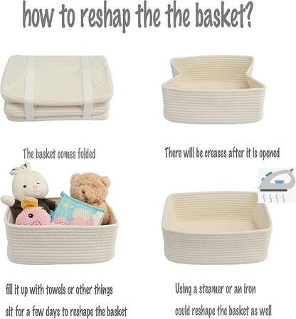 Small Woven Storage Baskets 12“X8”X5“ Decorative Rope Bins for Organizing Shelves, Closets, and Toys, Empty Gift Baskets, Cute Organizer Basket for Home and Office (white, regular)