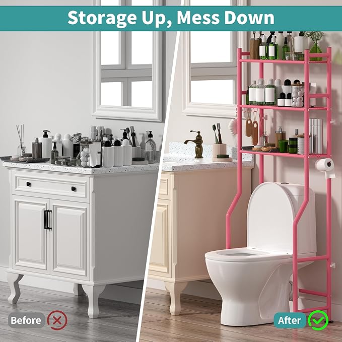 3-Tier Over The Toilet Storage with Paper Holder, Metal Bathroom Organizers and Storage for Small Space, Freestanding Bathroom Shelves with 4 Hooks, Above The Toilet Storage Shelf, Pink