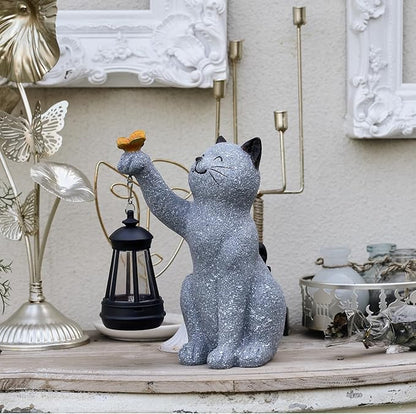 Solar Cat Garden Statue Outdoor Decor, Cat Sculpture with Lantern and Butterfly for Yard Lawn Patio Balcony, Birthday Housewarming Gifts for Mom, Grandma, Women, 9.4 inch, Resin