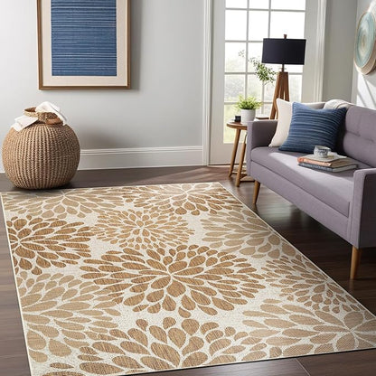 Beverly Rug Outdoor Rug 9x12 Modern Exotic Tropical Leaf Area Rugs for Indoor and Outdoor Patio Deck Porch Garden Water Resistant Washable Outside Carpet (9 x 12 Beige)