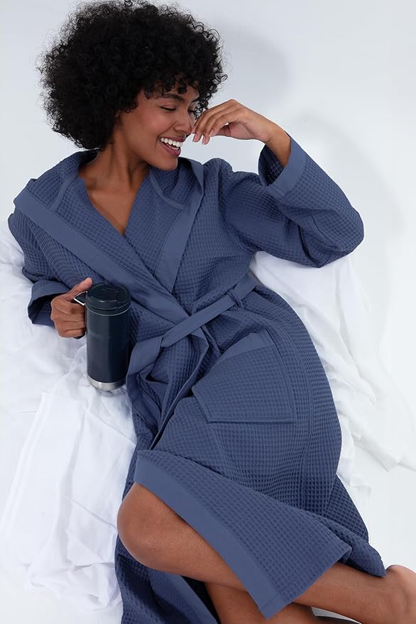 Women’s Luxury Waffle Shawl Collar, Hooded Robe w Piping – Lightweight, Long, Ultra Soft Spa Sleepwear Bathrobe