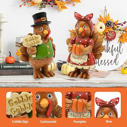 Thanksgiving Turkey Decor - 2Packs Resin Turkey Couple Standing Figurines Thanksgiving Decorations- Fall Decor Indoor for Tables Centerpieces Harvest Farmhouse Kitchen