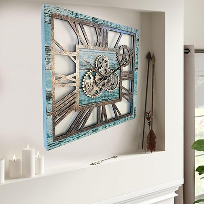 The Gears Clock 24'' Inch Square Real Moving Gear Wall Clock Vintage Industrial Oversized Rustic Farmhouse (Aqua Green)