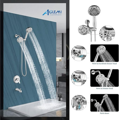 Aolemi Tub Shower Faucet Set with Tub Spout Rain Shower Head System Shower Trim Kit Pressure Rough-in Valve Included ABS 8 Setting Dual Shower Head and Handheld Spray Polish Chrome