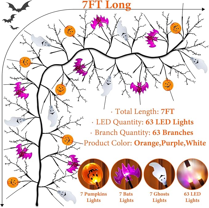 7 Ft 63 LED Halloween Willow Vine Twig Garland with 8 Modes Timer Orange Purple White Lights,7 Pumpkin Bat Ghost, Garland with Battery Operated for Wall Fireplace Halloween Decorations