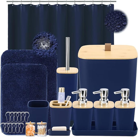 Bathroom Sets with Shower Curtain and Rugs, 27PCS Navy Blue Bathroom Accessories Set with Trash Can, Green Shower Curtain Set, No Slip Super Absorbent Bathroom Rugs