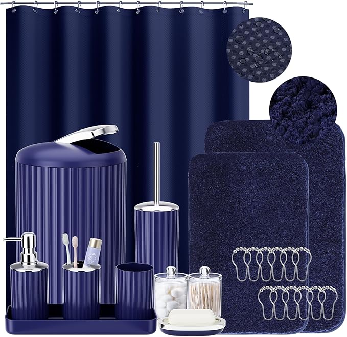24 PCS Nave Blue Bathroom Accessories Set with Shower Curtain and Rugs, Bathroom Sets with Extra Soft and Absorbent Bath Rugs Shower Curtain Bathroom Accessory for Bath