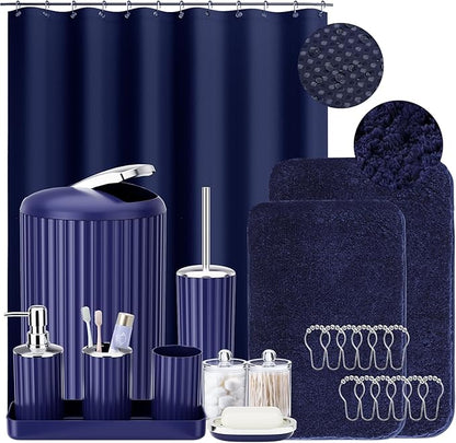 24 PCS Nave Blue Bathroom Accessories Set with Shower Curtain and Rugs, Bathroom Sets with Extra Soft and Absorbent Bath Rugs Shower Curtain Bathroom Accessory for Bath
