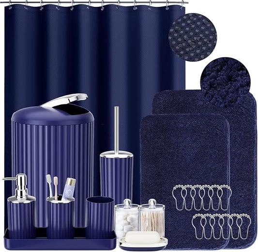 24 PCS Nave Blue Bathroom Accessories Set with Shower Curtain and Rugs, Bathroom Sets with Extra Soft and Absorbent Bath Rugs Shower Curtain Bathroom Accessory for Bath
