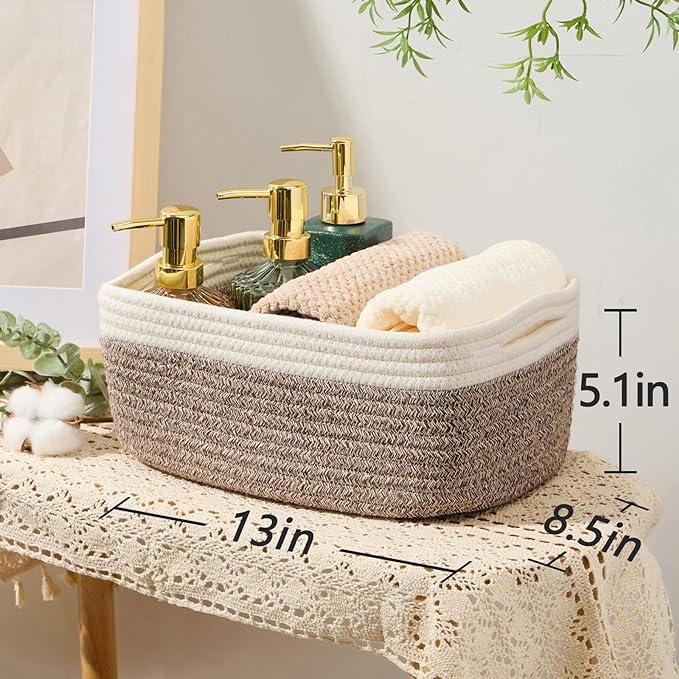 Small Storage Baskets for Organizing | Closet Organizer Bins | Shelf Toy Basket | Woven Rope Baskets | Cube Decorative Box | Shallow Basket | 13x8.5x5.1” | 3 Packs White Brown