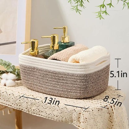 Small Storage Baskets for Organizing | Closet Organizer Bins | Shelf Toy Basket | Woven Rope Baskets | Cube Decorative Box | Shallow Basket | 13x8.5x5.1” | 3 Packs White Brown